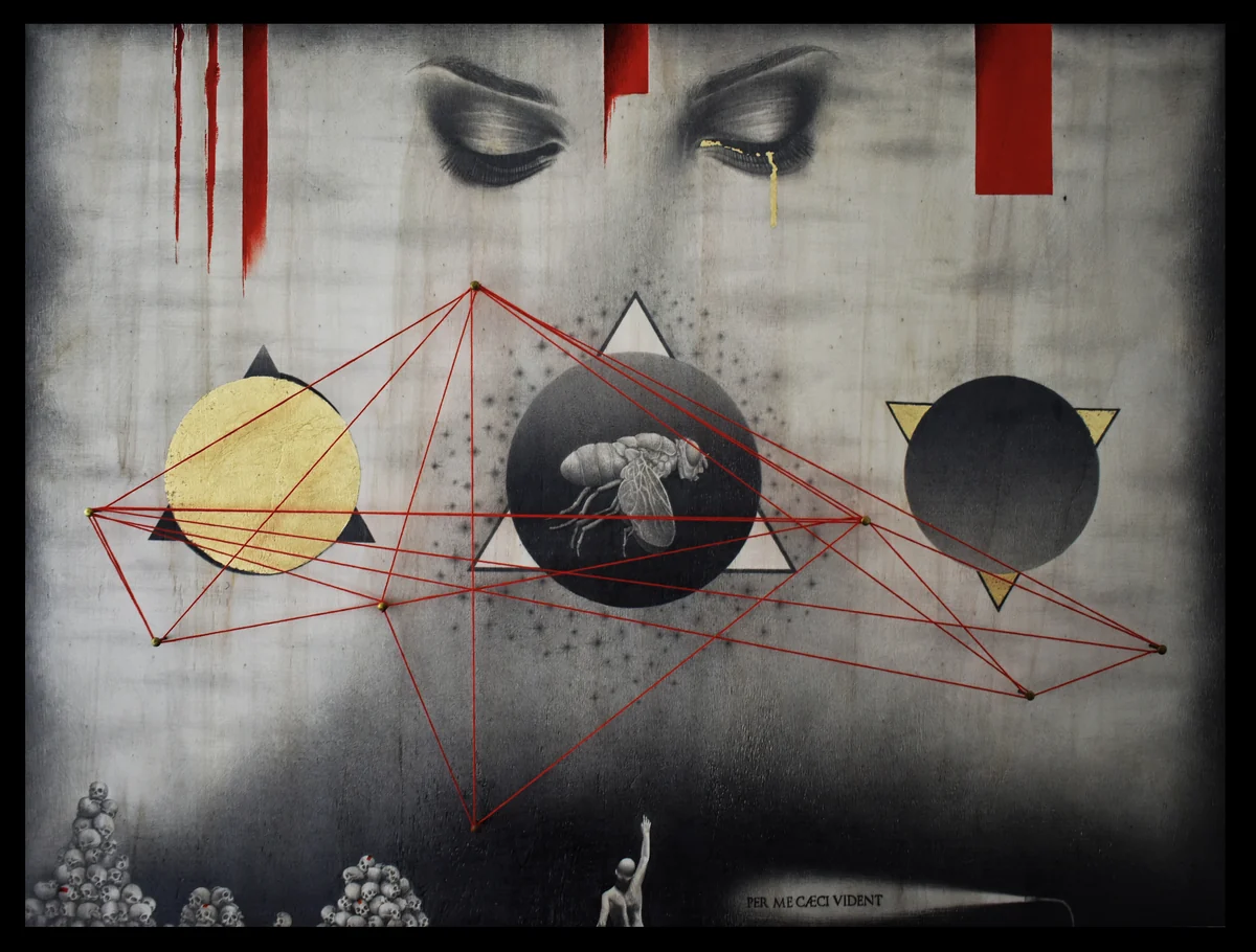 Anatomy of a Nightmare, a mixed-media work with geometric diagrams, faces and symbolic forms