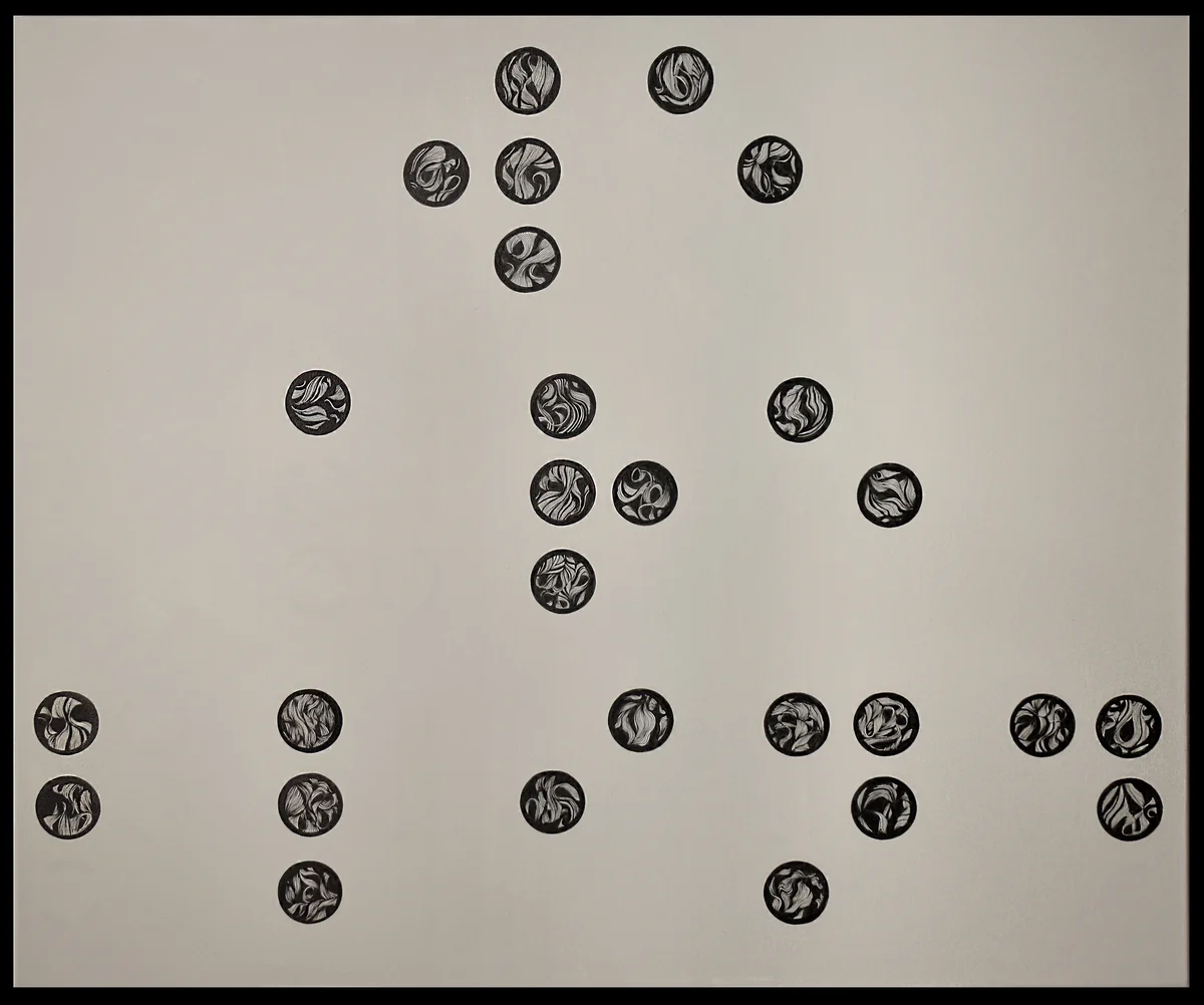 White monochrome work with dark circular signs arranged as Braille-like code